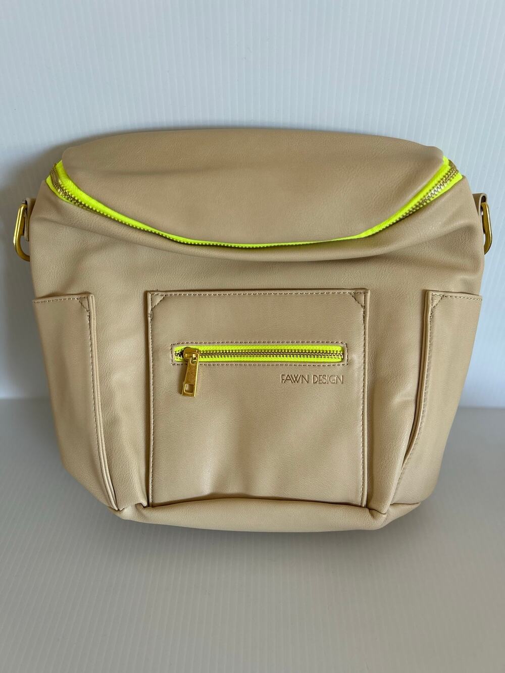 Fawn Design Original Diaper Bag Backpack Tan Neon Yellow Gold Hardware